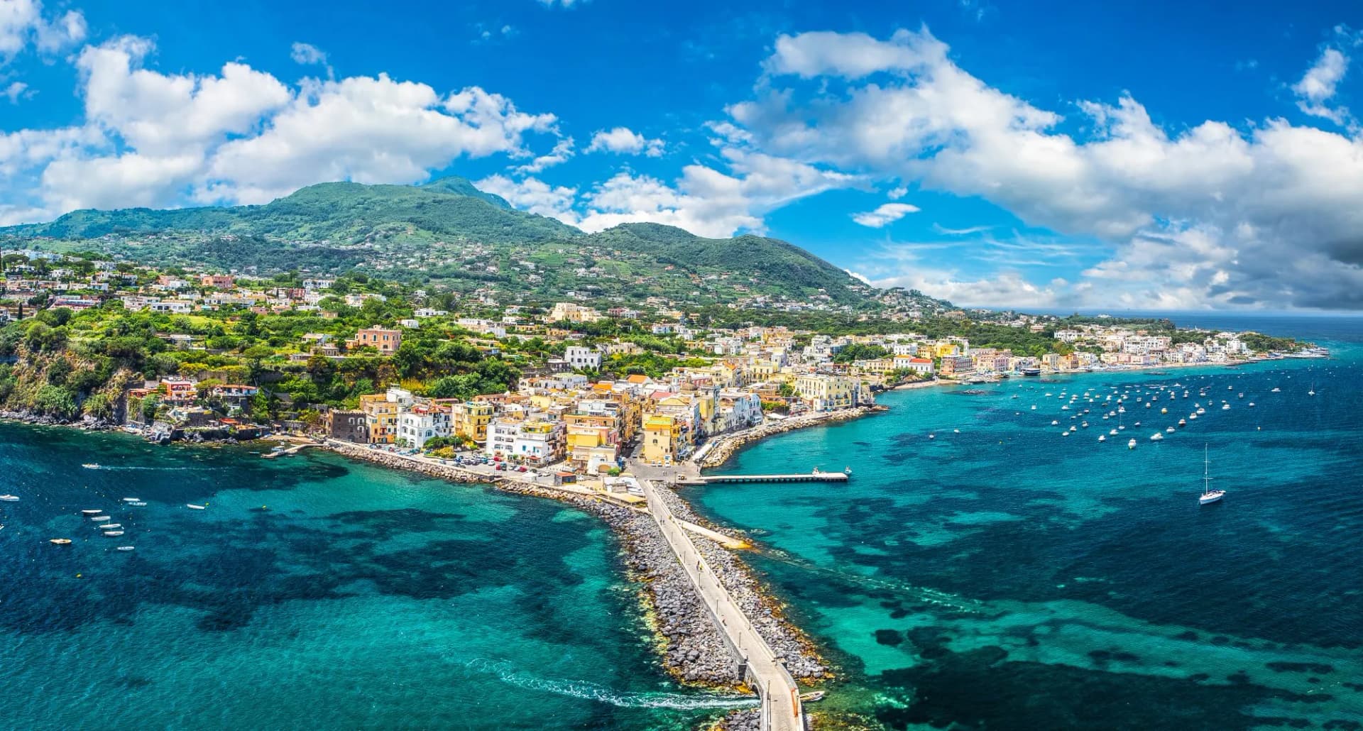 Landscape with Porto Ischia, view on Aragonese Castle, Ischia island, Italy