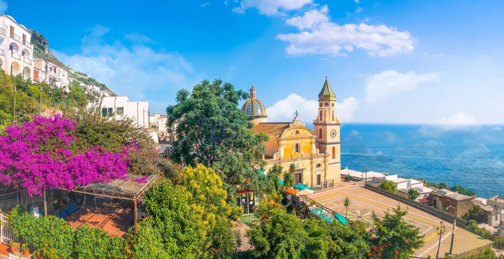 Landscape with Praiano village at famous Amalfi Coast, Italy