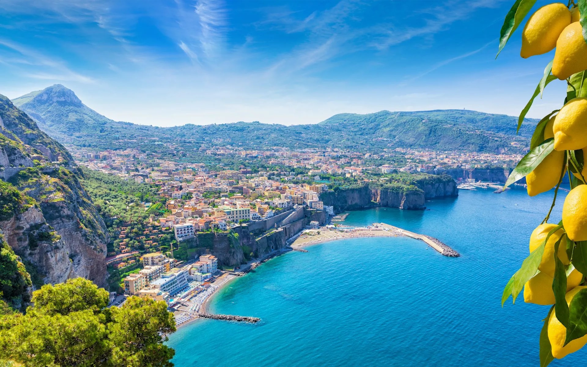 Aerial view of Sorrento coastline with town, blue sea, and lemons hanging in the foreground.