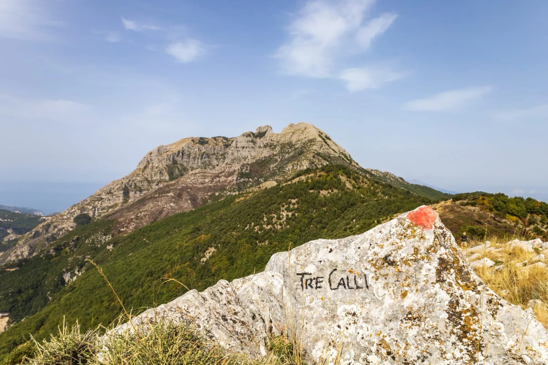 Monte Tre Calli and the Conocchia Mountain in the background. Lattari Mountains, Amalfi Coast, Faito, Naples, Campania, Italy