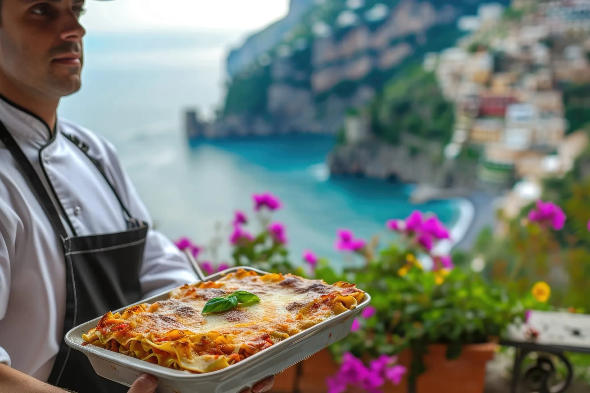 Chef holds lasagna with Amalfi Coast cliffs and turquoise sea backdrop